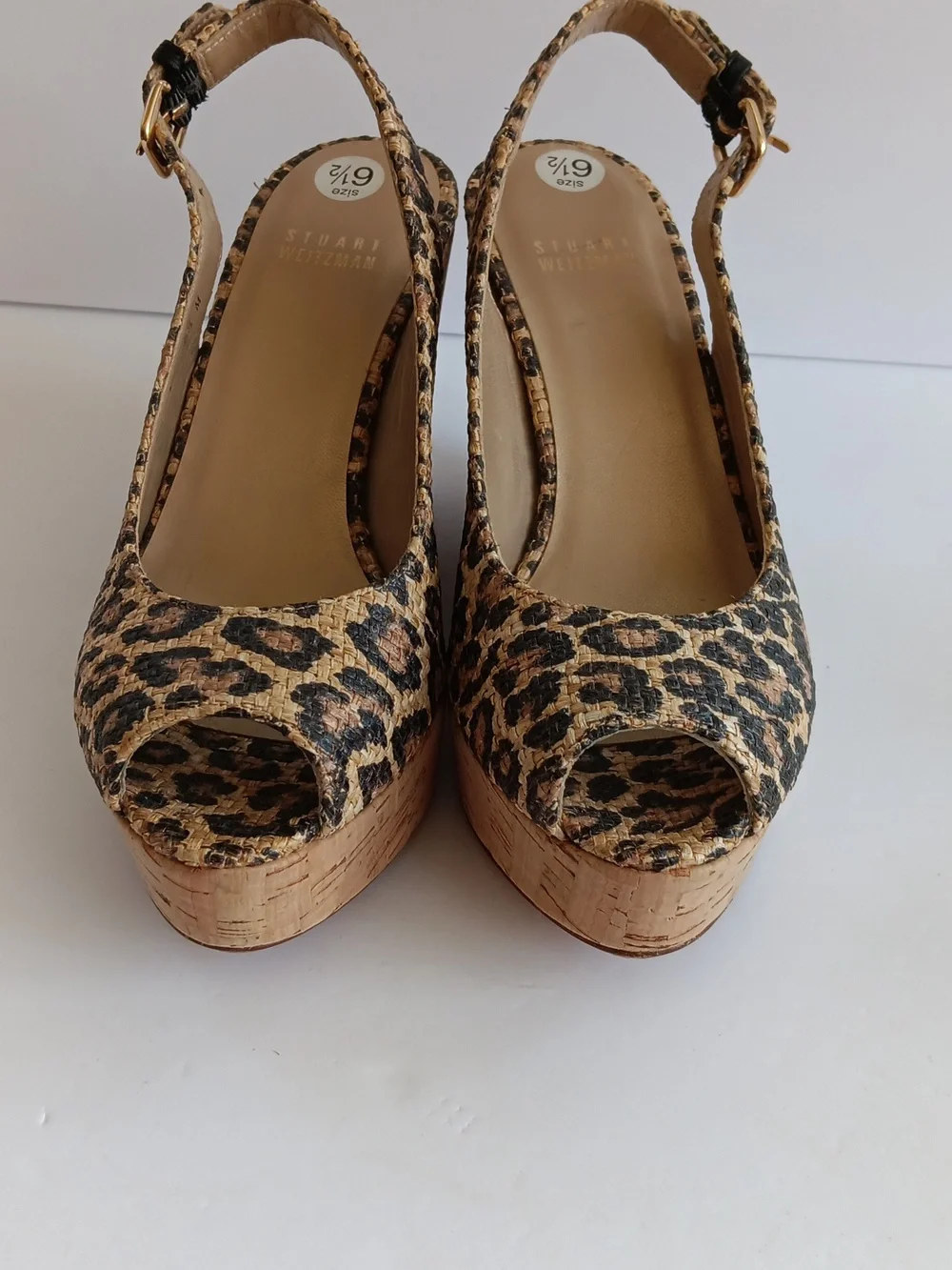 Stuart Weitzman"Jean" Leopard Print Cork Wedge Slingbacks Peep-toe 6.5 M( EUC) - Picture 11 of 16